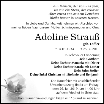 Traueranzeige von Adoline Strauß von Super Sonntag Wittenberg