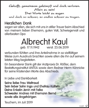 Traueranzeige von Albrecht Kaul von Wochenspiegel Weißenfels