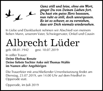 Traueranzeige von Albrecht Lüder von Mitteldeutsche Zeitung Quedlinburg