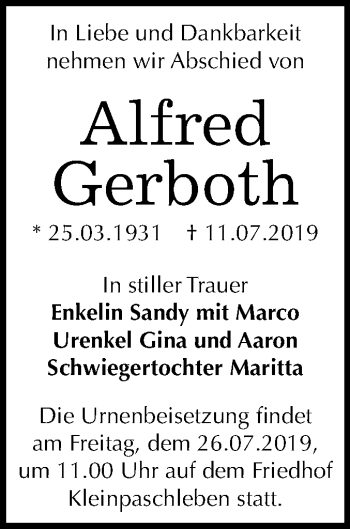 Traueranzeige von Alfred Gerboth von Mitteldeutsche Zeitung Köthen