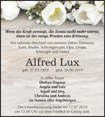 Traueranzeige von Alfred Lux von Wochenspiegel Köthen
