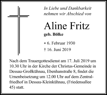 Traueranzeige von Aline Fritz von Mitteldeutsche Zeitung Halle/Saalkreis
