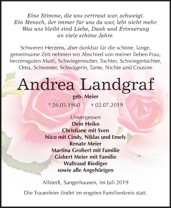 Traueranzeige von Andrea Landgraf von Super Sonntag Sangerhausen