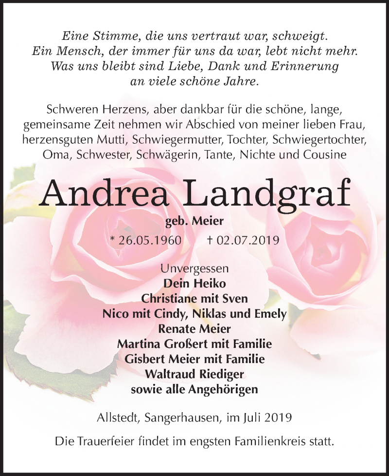  Traueranzeige für Andrea Landgraf vom 09.07.2019 aus Mitteldeutsche Zeitung Sangerhausen