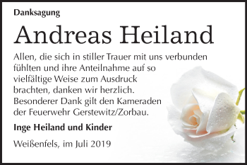 Traueranzeige von Andreas Heiland von Wochenspiegel Weißenfels