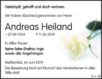 Traueranzeige von Andreas Heiland von Wochenspiegel Weißenfels