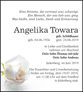 Traueranzeige von Angelika Towara von Mitteldeutsche Zeitung Wittenberg