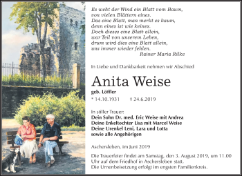 Traueranzeige von Anita Weise von Wochenspiegel Aschersleben