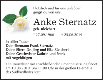 Traueranzeige von Anke Sternatz von Mitteldeutsche Zeitung Halle/Saalkreis