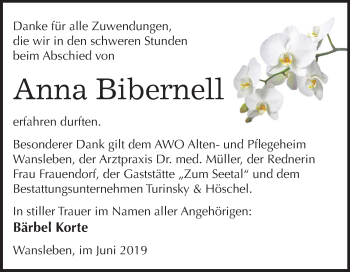 Traueranzeige von Anna Bibernell von Wochenspiegel Mansfelder Land