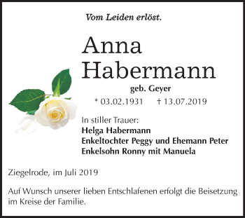 Traueranzeige von Anna Habermann von Mitteldeutsche Zeitung Mansfelder Land
