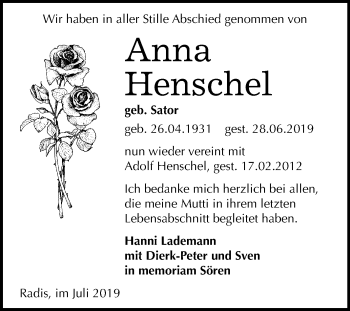 Traueranzeige von Anna Henschel von Mitteldeutsche Zeitung Wittenberg