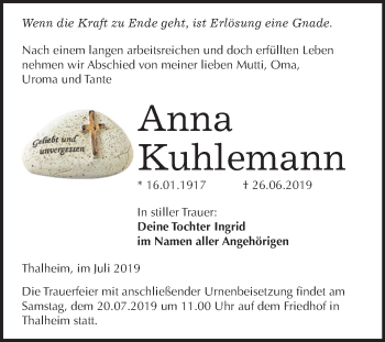 Traueranzeige von Anna Kuhlemann von Mitteldeutsche Zeitung Bitterfeld