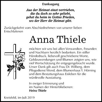Traueranzeige von Anna Thiele von Wochenspiegel Mansfelder Land