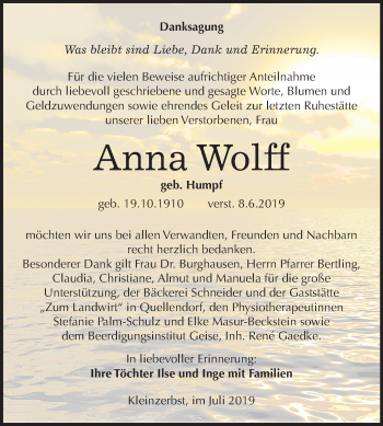 Traueranzeige von Anna Wolff von Mitteldeutsche Zeitung Köthen