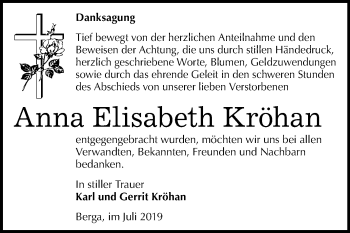 Traueranzeige von Anna Elisabeth Kröhan von Super Sonntag Sangerhausen