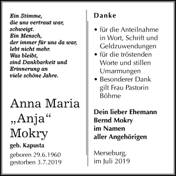 Traueranzeige von Anna Maria Mokry von Mitteldeutsche Zeitung Merseburg/Querfurt
