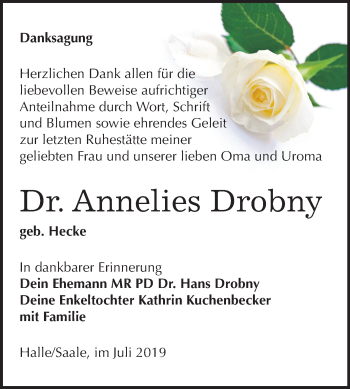 Traueranzeige von Annelies Drobny von Mitteldeutsche Zeitung Halle/Saalkreis