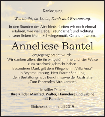 Traueranzeige von Anneliese Bantel von Wochenspiegel Mansfelder Land