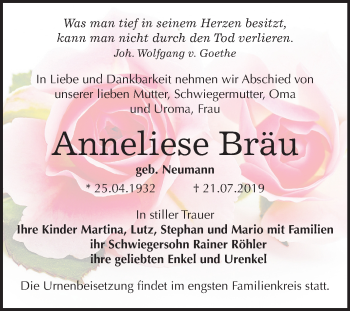 Traueranzeige von Anneliese Bräu von Super Sonntag Zeitz