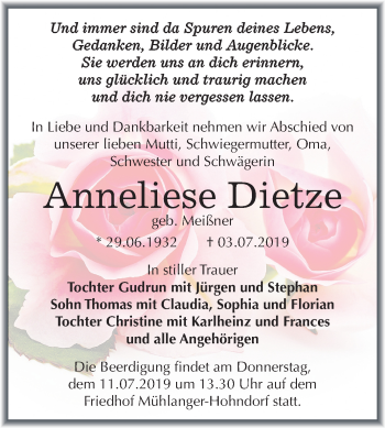 Traueranzeige von Anneliese Dietze von Super Sonntag Wittenberg