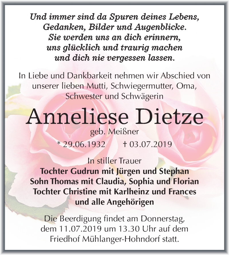  Traueranzeige für Anneliese Dietze vom 06.07.2019 aus Mitteldeutsche Zeitung Wittenberg