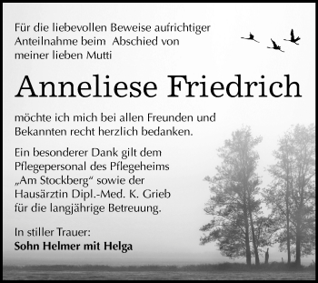 Traueranzeige von Anneliese Friedrich von Mitteldeutsche Zeitung Weißenfels