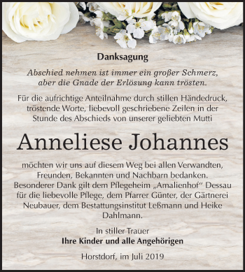 Traueranzeige von Anneliese Johannes von Super Sonntag Wittenberg
