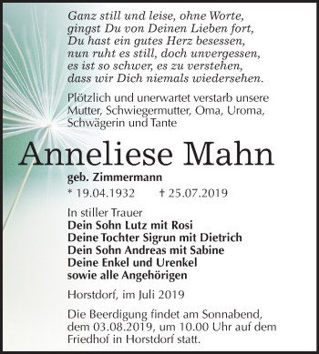 Traueranzeige von Anneliese Mahn von Mitteldeutsche Zeitung Dessau-Roßlau / Wittenberg