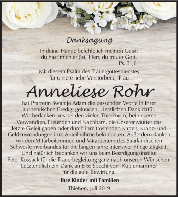 Traueranzeige von Anneliese Rohr von Super Sonntag Wittenberg