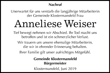 Traueranzeige von Anneliese Weiser von Super Sonntag Mansfelder Land