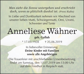 Traueranzeige von Anneliese Wähner von Mitteldeutsche Zeitung Merseburg/Querfurt