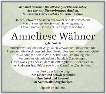 Traueranzeige von Anneliese Wähner von Mitteldeutsche Zeitung Merseburg/Querfurt