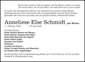 Traueranzeige von Anneliese Else Schmidt von Wochenspiegel Merseburg/Querfurt