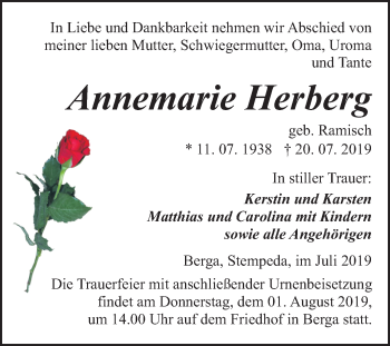 Traueranzeige von Annemarie Herberg von Mitteldeutsche Zeitung Sangerhausen