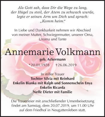 Traueranzeige von Annemarie Volkmann von Super Sonntag Bernburg
