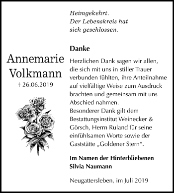 Traueranzeige von Annemarie Volkmann von Mitteldeutsche Zeitung Bernburg