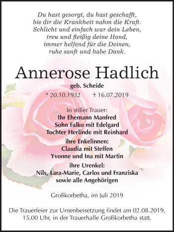 Traueranzeige von Annerose Hadlich von Mitteldeutsche Zeitung Weißenfels