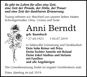 Traueranzeige von Anni Berndt von Mitteldeutsche Zeitung Wittenberg