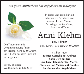 Traueranzeige von Anni Klehm von Mitteldeutsche Zeitung Sangerhausen