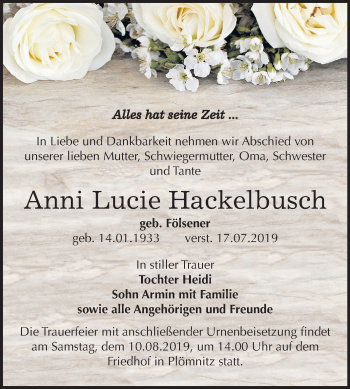 Traueranzeige von Anni Lucie Hackelbusch von Mitteldeutsche Zeitung Bernburg