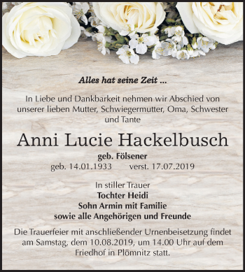 Traueranzeige von Anni Lucie Hackelbusch von Super Sonntag Bernburg