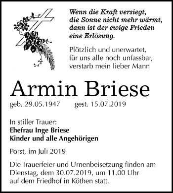Traueranzeige von Armin Briese von Mitteldeutsche Zeitung Köthen