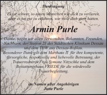 Traueranzeige von Armin Purle von Mitteldeutsche Zeitung Dessau-Roßlau
