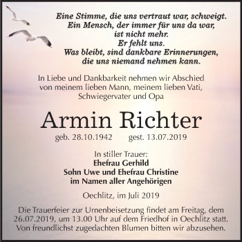 Traueranzeige von Armin Richter von Mitteldeutsche Zeitung Merseburg/Querfurt