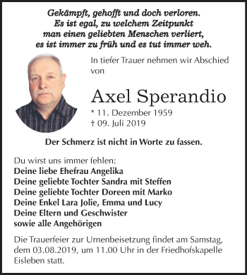 Traueranzeige von Axel Sperandio von Mitteldeutsche Zeitung Mansfelder Land