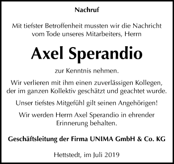 Traueranzeige von Axel Sperandio von Mitteldeutsche Zeitung Mansfelder Land