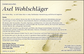 Traueranzeige von Axel Wohlschläger von Mitteldeutsche Zeitung Bitterfeld