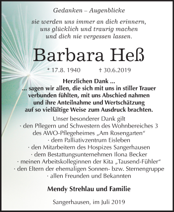 Traueranzeige von Barbara Heß von Wochenspiegel Sangerhausen