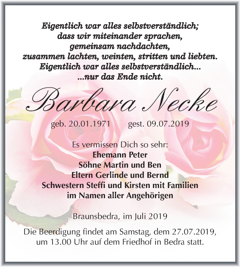  Traueranzeige für Barbara Necke vom 23.07.2019 aus Mitteldeutsche Zeitung Merseburg/Querfurt / Sangerhausen